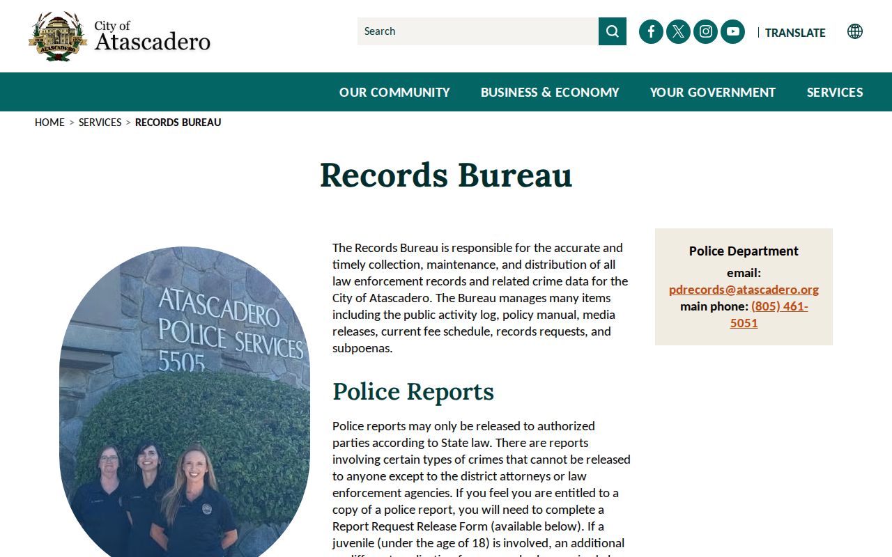 Atascadero neighbors police records bureau access information