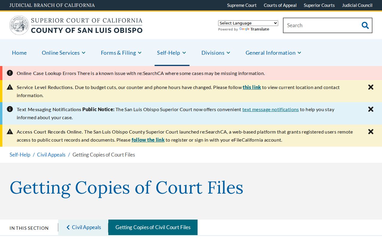 Atascadero previous residents civil court file copy guidance