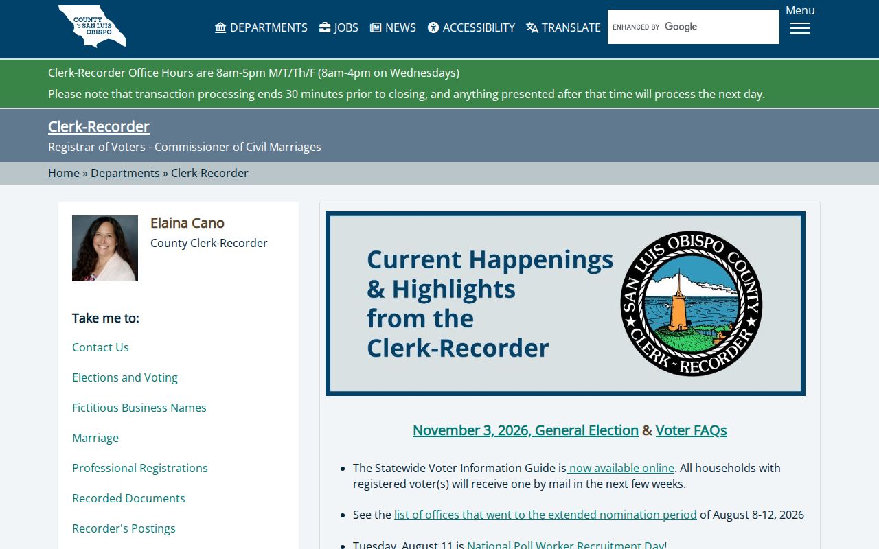 Atascadero previous residents county Clerk-Recorder record access