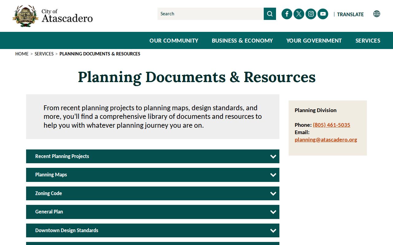 Atascadero street directory planning documents with project addresses